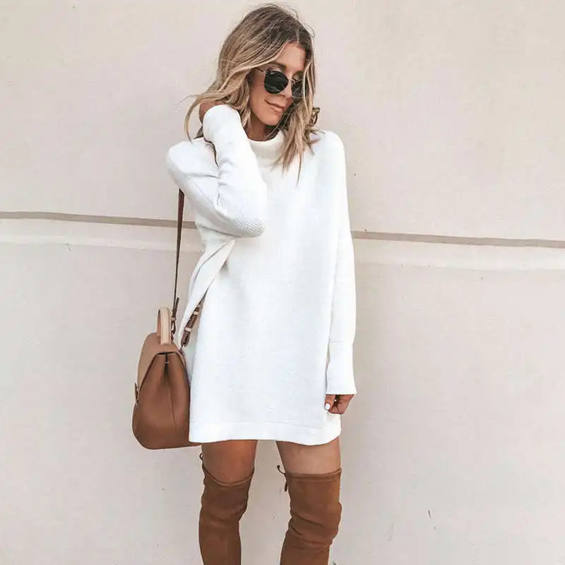 

Women Fashion Turtleneck Long Sleeve Knitted Mini Dress Ladies Spring Autumn Casual Loose Solid Color Short Dress Party Dress