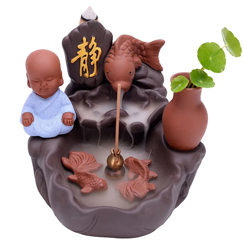

Lotus Fish Pond Waterfall Backflow Incense Burner Zen Buddha Purple Clay Incense Stick Holder Aromatherapy Censer Home Decor