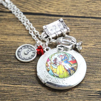 

12pcs/lot Beauty and the Beast Stained Glass Locket Necklace book clock red flower charm necklace silver tone