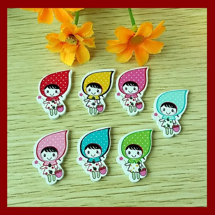

40pcs 22*29mm DIY wooden buttons happiness Cartoon Girl DIY sewing clothes button for craft scrapbooking sewing accessories