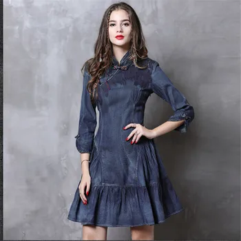 

Autumn mini denim Dress women 2019 new European and American slim collar solid color S-XL fashion dress vestidos feminina JD238