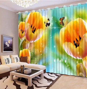 

3D Curtain Photo Customize Size Colorful Tulip Flowers Butterfly Curtains For Bedroom Curtains For Living Room
