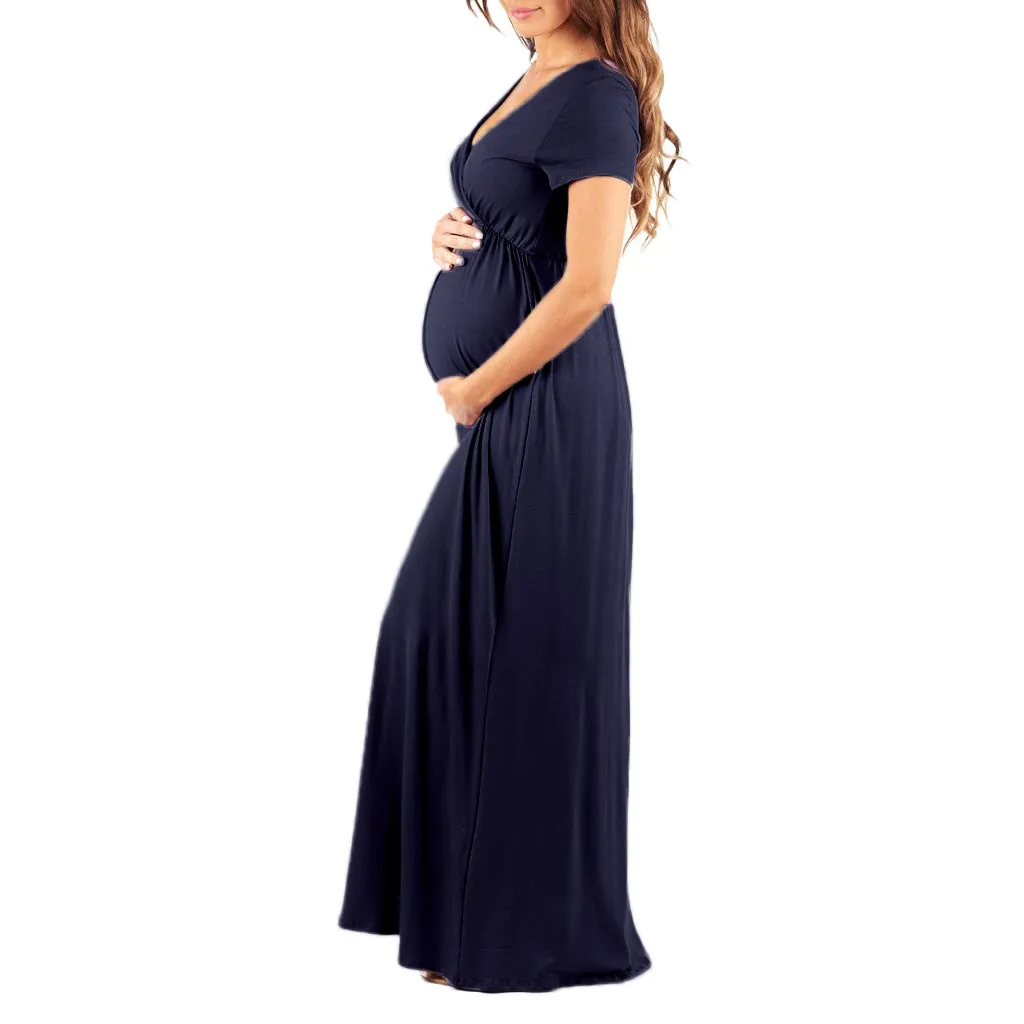 LONSANT платье для беременных, женское однотонное платье с коротким рукавом, женское платье для беременных с v-образным вырезом, модная одежда для беременных, женское длинное платье