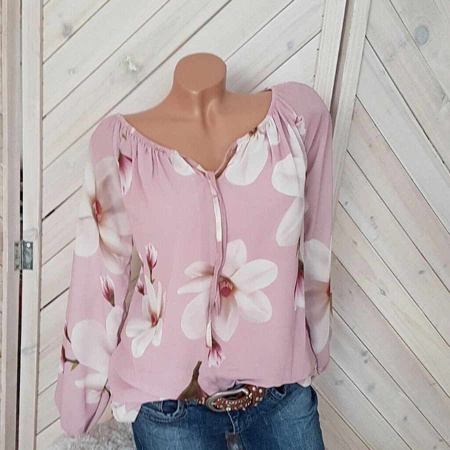 

Fashion 5XL Plus Large Size Women's Blouses Summer Tops New Leisure Blouse Loose Flare Print V Neck Long Sleeve Shirts Blouse