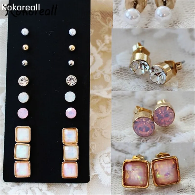 9 Pairs Set Wholesale Korean Simulated Pearl Candy Color Beads Geometric Square Crystal Gem Stud