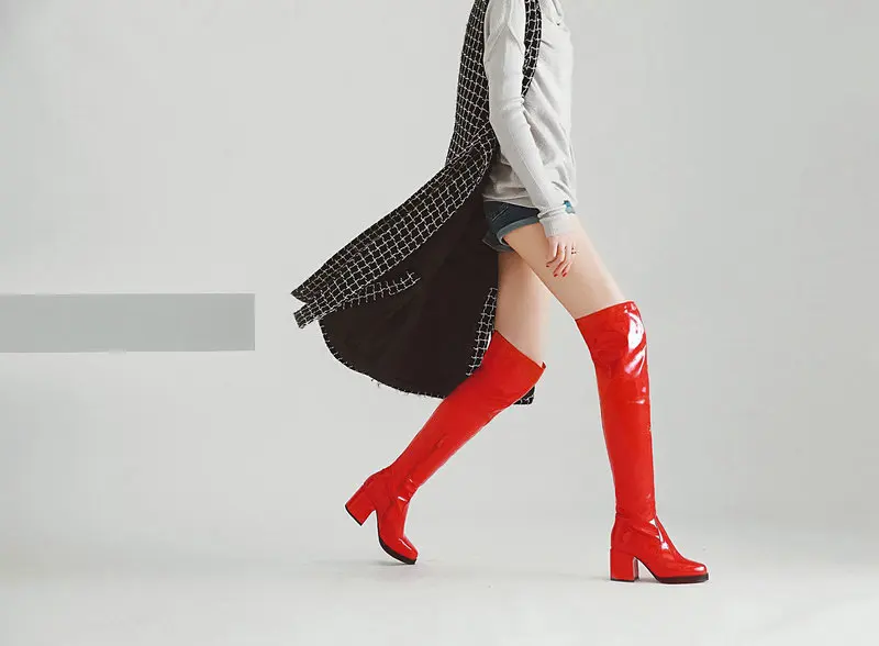 Red Gold Silver Black Patent Leather Boots Women Winter Knee High Boots Ladies Fashion Thick Heel Round Toe Long Boots
