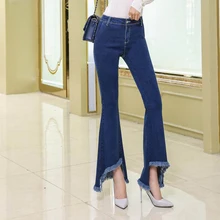 Винтаж нерегулярные бахромой Высокая Талия синий расклешенные джинсы женская мода полной длины джинсовые штаны брюки для Для женщин джинсы