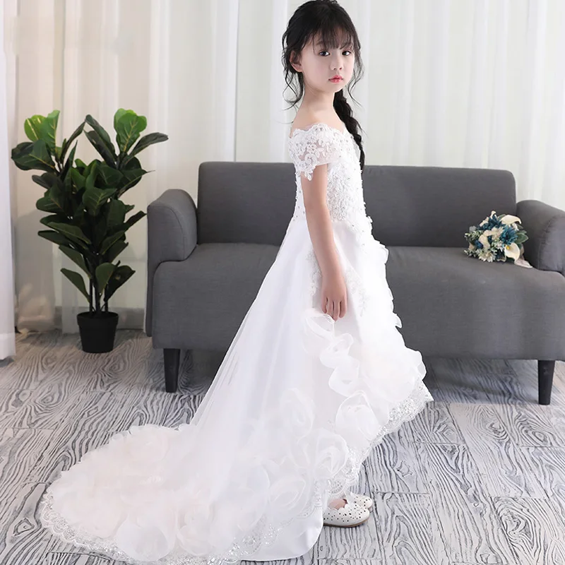 

2018 Shoulderless first communion dresses for girls Vestido Luxury Ball Gowns Long Trailing Lace Flower Girl Dresses JF638