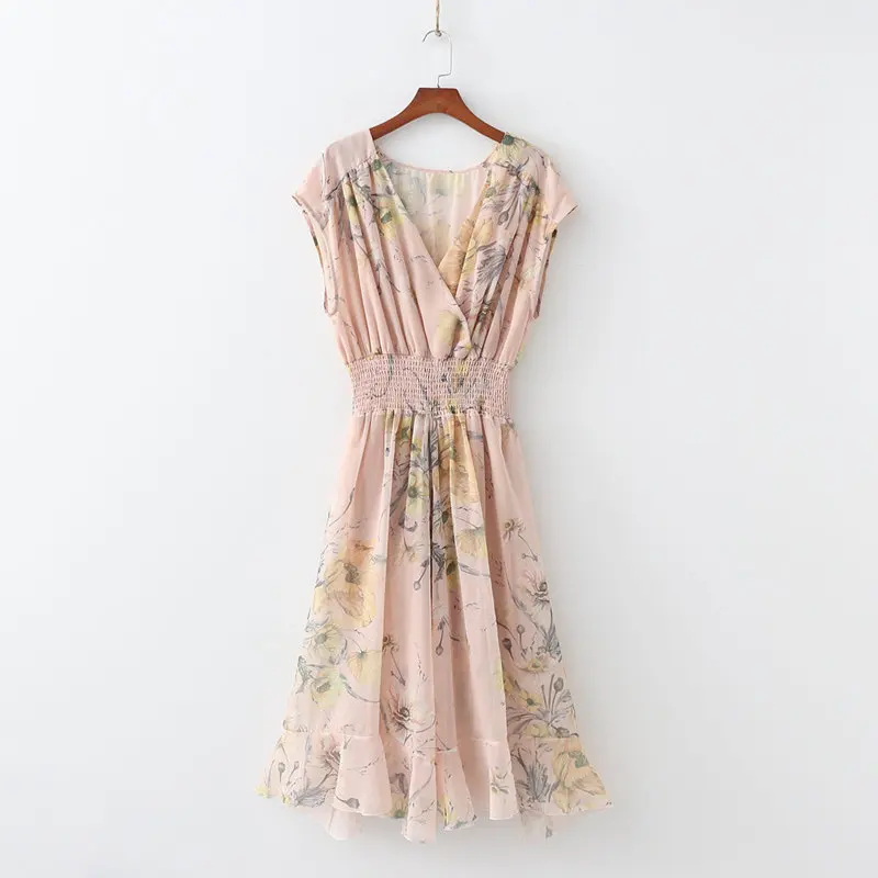 

Women Vintage Printed Dress Sleeveless V Neck Casual Chiffon Dress European Style Elastic Waist A-line Long Dress