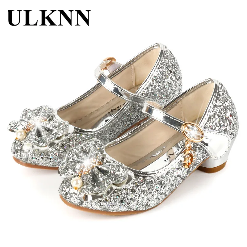 Online ULKNN Prinzessin Kinder Leder Schuhe Für Mädchen Blume Casual Glitter Kinder Hohe Ferse Mädchen Schuhe Schmetterling Knoten Blau Rosa Silber