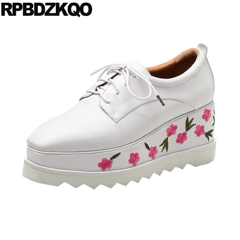 

women square toe beautiful thick sole platform wedge embroidery creepers flower floral chinese embroidered shoes custom white