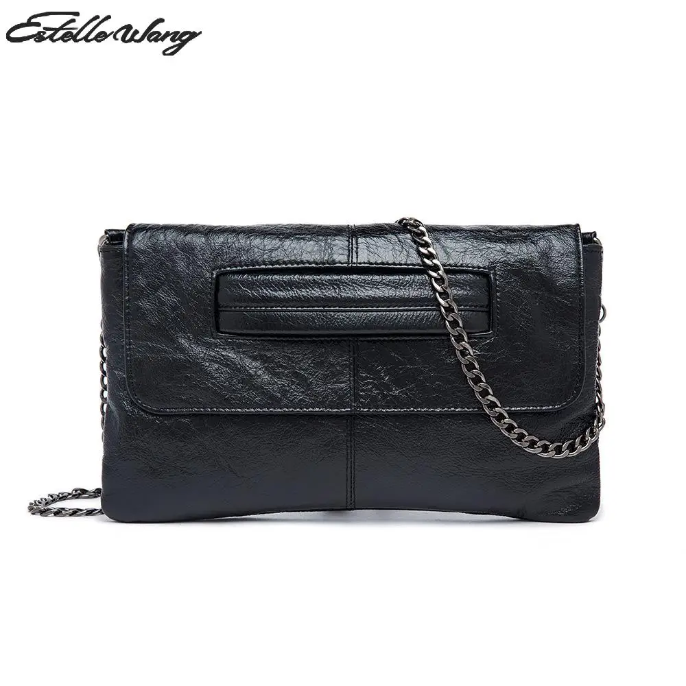 Estelle Wang Genuine Leather Chain Shoulder Bags Korean Flap Soft