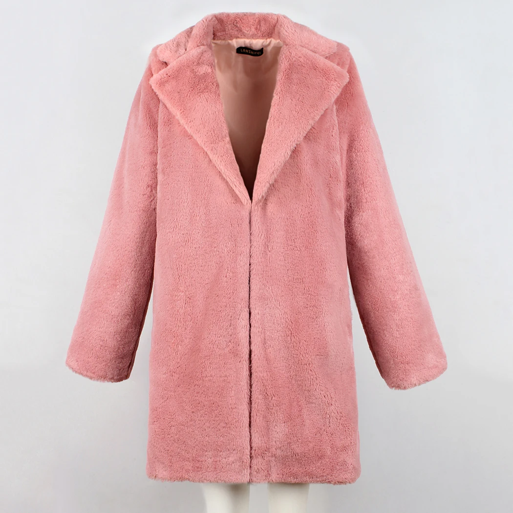 Winter Women Long Faux Fur Coat Thick Plush Outerwear Turn Down Collar Female Hairy Furry Overcoat Plus Size Manteau Femme Hiver