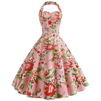

Vintage Dress Women 50S 60S Flower Print Sleeveless Dress Summer Sexy Halter Plus Size Party Dresses