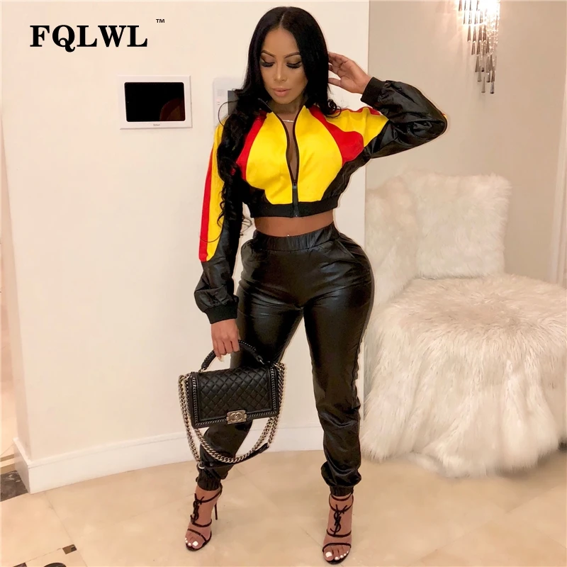 

FQLWL Pu Leather Women Two Piece Set Outfits Crop Top And Leather Pants Long Sleeve Jackets Tracksuit Women Casual Matching Set