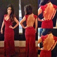 Sexy Open Back Cap Sleeves Burgundy Lace Evening Dresses 2014 New Arrival Backless Sheath Long Prom Dresses EV0109
