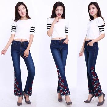 

Brand Jeans 2019 Beautiful Embroidery Flower High Waist Pants Women Streetwear Skinny Flare Jeans Female Sweet Blue Trousers