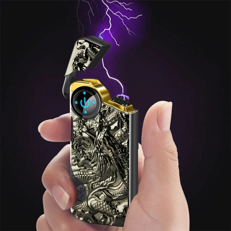 

75*35mm Dragon Embossment Plasma Lighter Dual Arc Windproof Flameless USB Charge Cigarette Creative Gift Smoking Gadget
