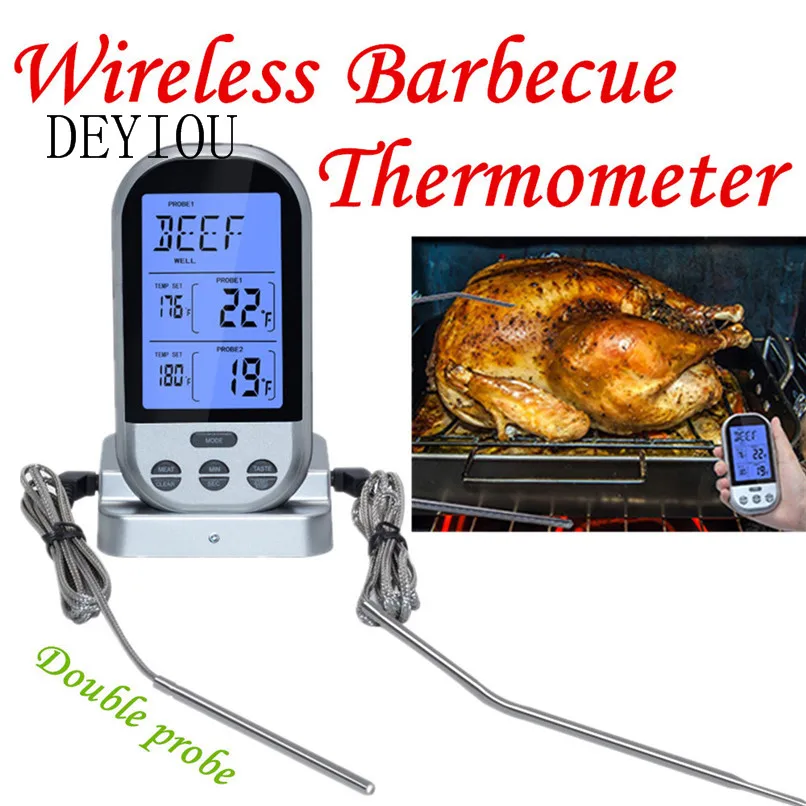 New Double Probe Wireless LCD Remote Thermometer For BBQ Grill Meat