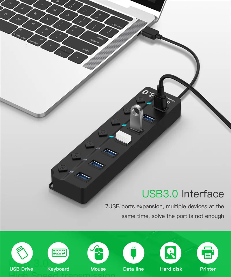 Usb-хаб 3,0 4/7 портов вкл/выкл переключатель Микро-концентратор сплиттер с адаптером питания USB Hab высокоскоростной 5 Гбит/с USB сплиттер 3 хаба