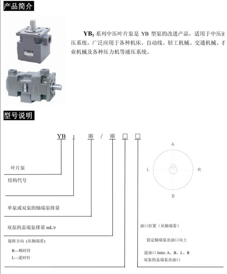 YB1-10 низкий уровень шума 6.3mpa гидравлический лопастной насос