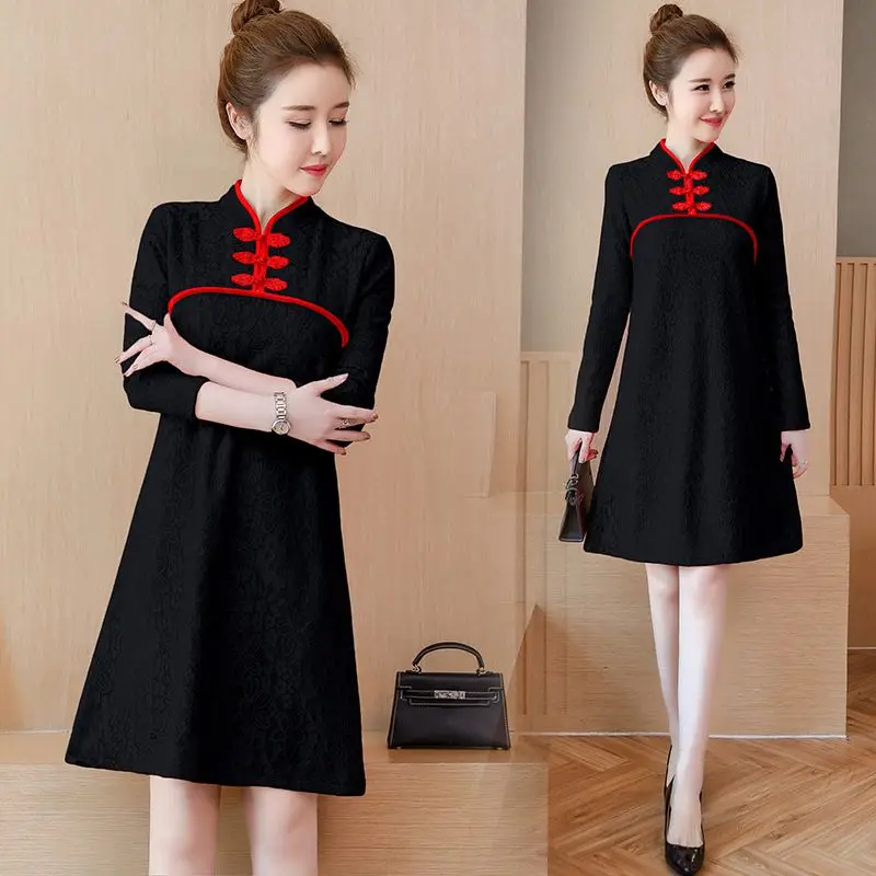 

2018 autumn and winter pregnant women new plus velvet thickening Chinese wind disk buckle improved cheongsam hot mom dress