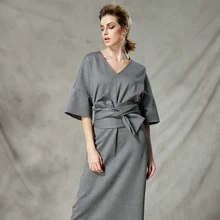 Независимая ткань v-образным вырезом ультра длинное цельное платье широкий пояс с пятым рукавом базовое полное платье свободная Мода