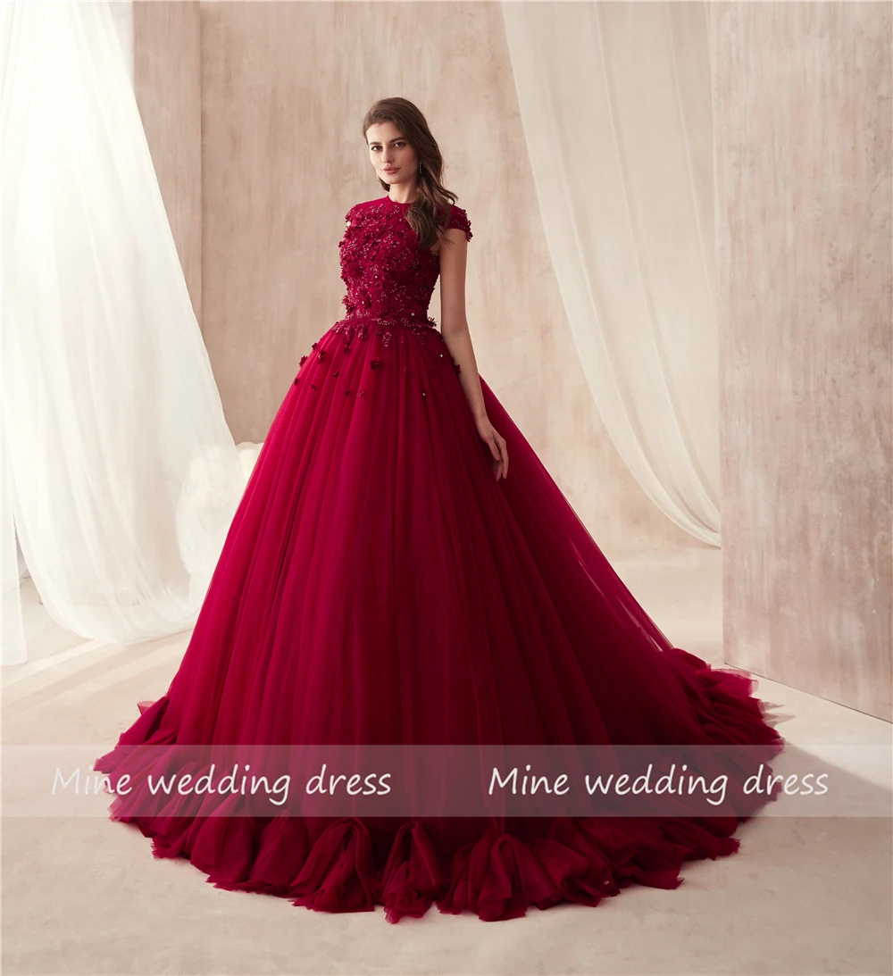 С круглым вырезом Бальные платья бордовое свадебное платье с Цвет 3D с цветочной аппликацией с хрустальные стразы свадебные платья Reals