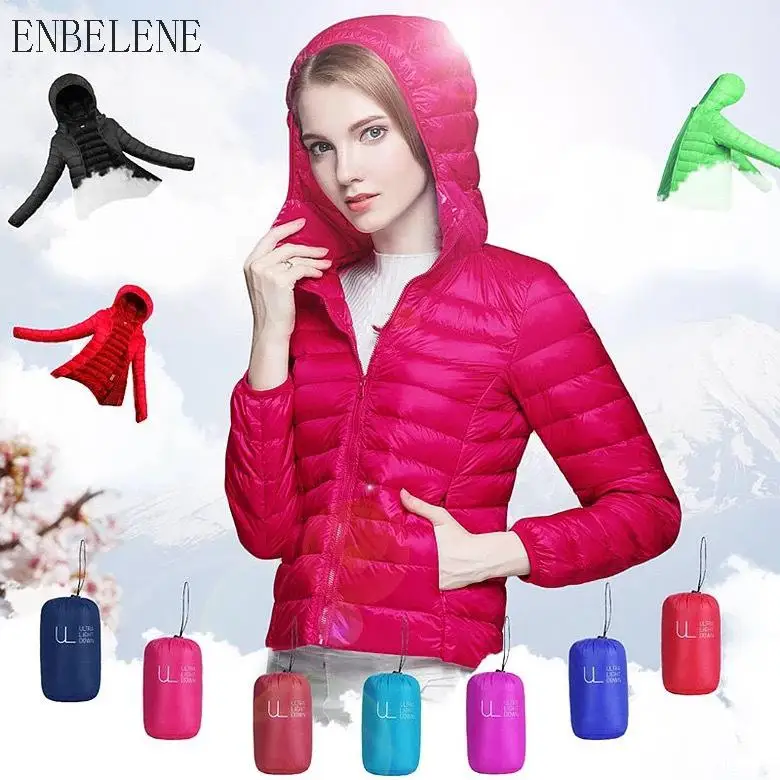 

2019 Winter Lightweight Down Jacket Women Solid Red Black Goose Down Coats For Female Undetachable Hooded Collar Coat Lady GJ292