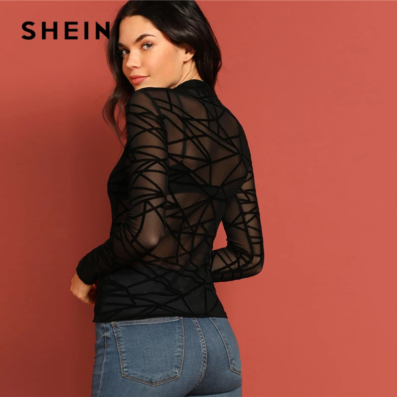 SHEIN Сексуальная черная футболка с воротником-стойкой из прозрачной сетки верхняя одежда с геометрическим узором без бюстгальтера с длинным рукавом Прозрачная облегающая футболка Весенняя женская футболка Топы