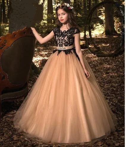 

New Flower Girls Dresses for Wedding Kids Pageant Gown Lace Cap Sleeves Party Prom Dress for Girls Size 2-16Y