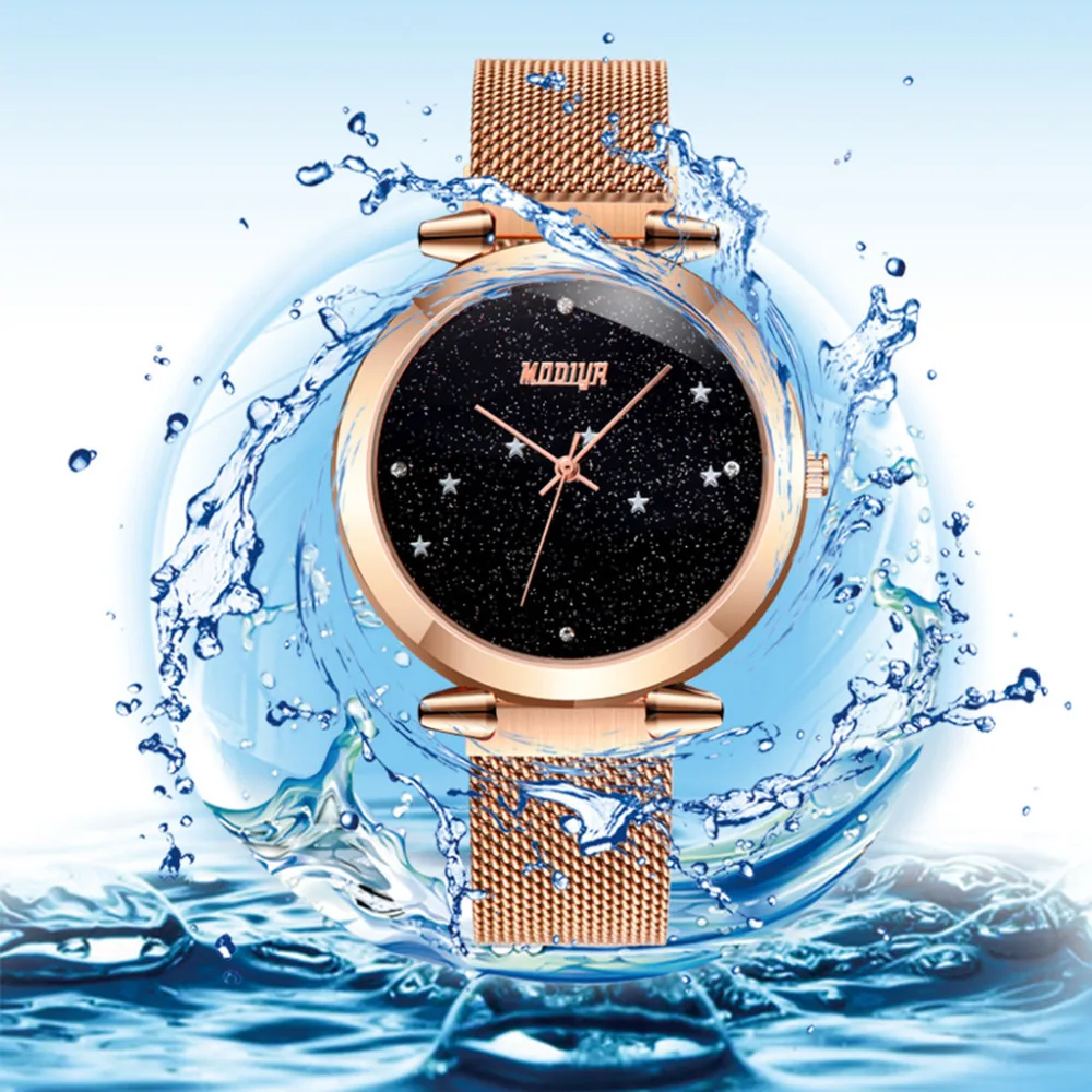 

MODIYA Clock Women Watches Beidou Seven Stars Empty Starry With Diamond Quartz Mesh Belt Waterproof Girls Ladies Watch Gmt *A