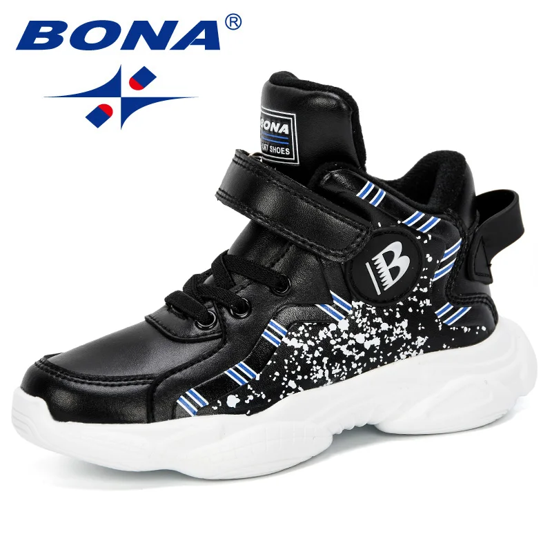 BONA/Новинка года; детская обувь; Модная Повседневная дышащая обувь с высоким берцем для мальчиков; нескользящий светильник; Детские кроссовки; удобная обувь для девочек - Цвет: Black white