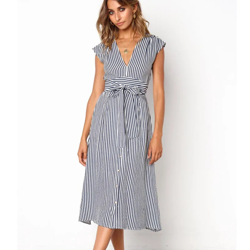 

2019 New Arrive Fashion Women's V Neck Striped Bow Tie Waist Sleeveless Button Down Swing A Line Midi Dress