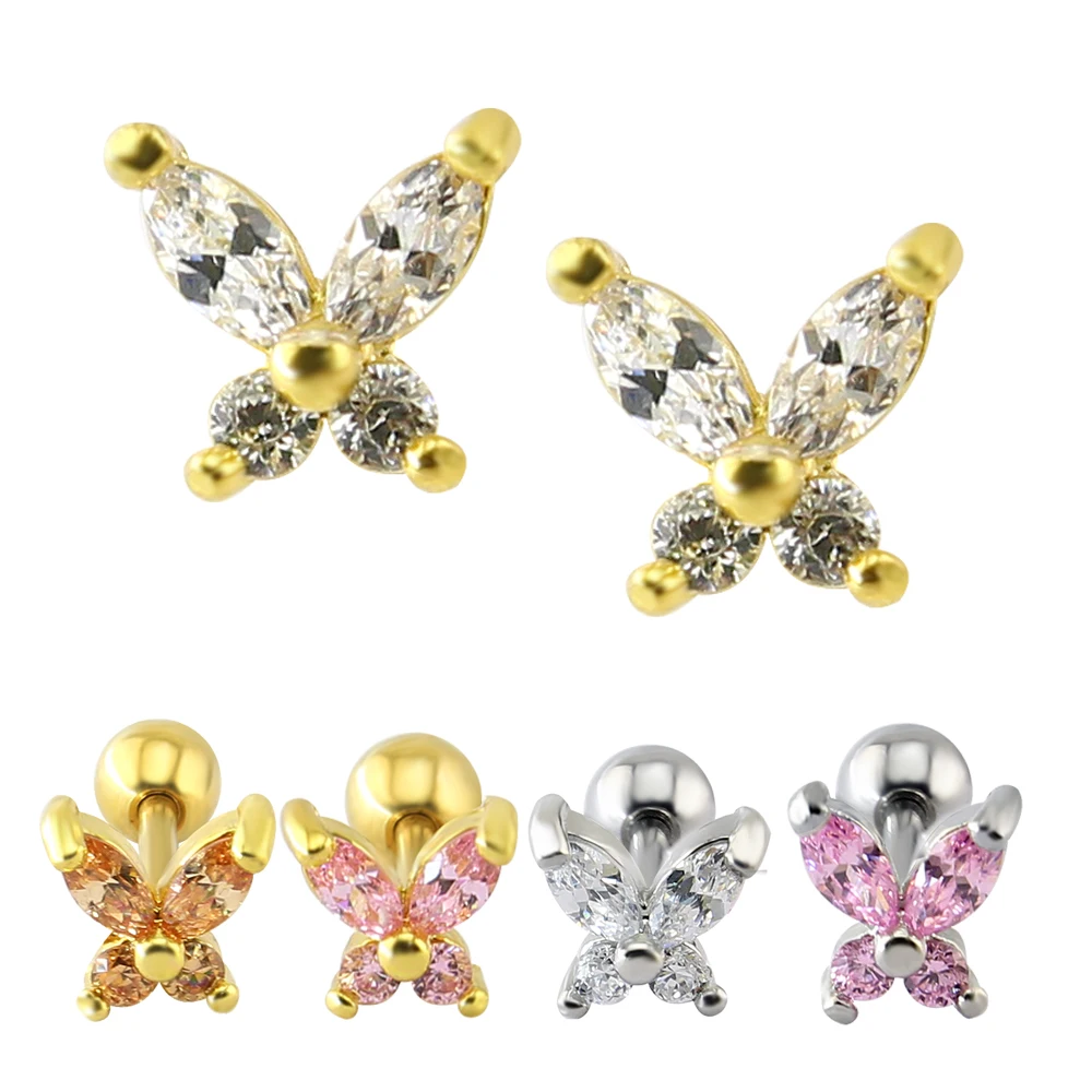 1 pair Stainless Yellow Baby Earrings Clear Butterfly Zircon CZ Anti