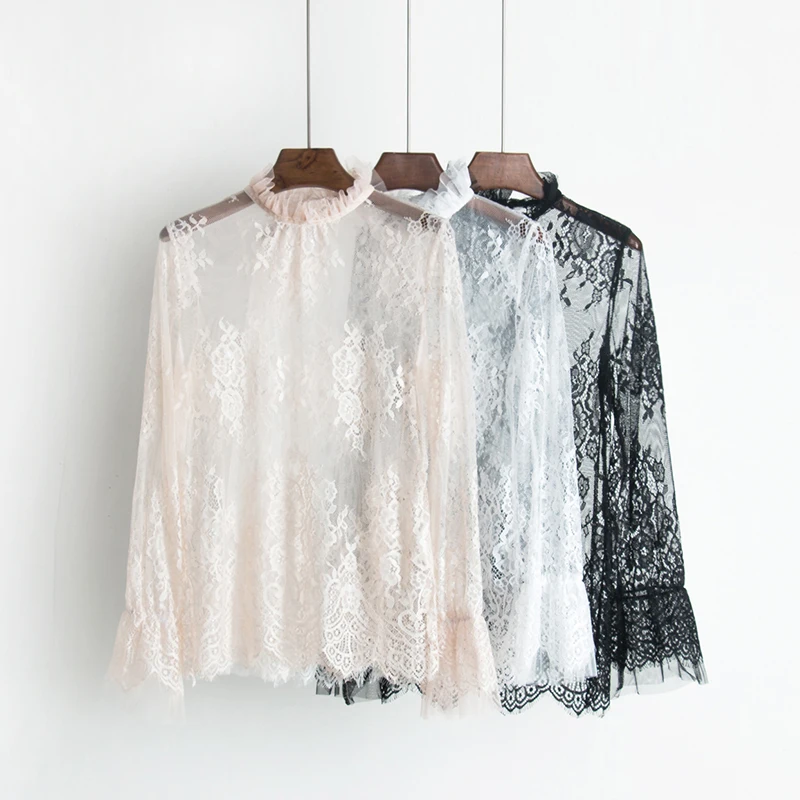 

2018 spring new female Hook flower hollow hedging lace blouses women's stand collar long-sleeved flare sleeves lace shirts