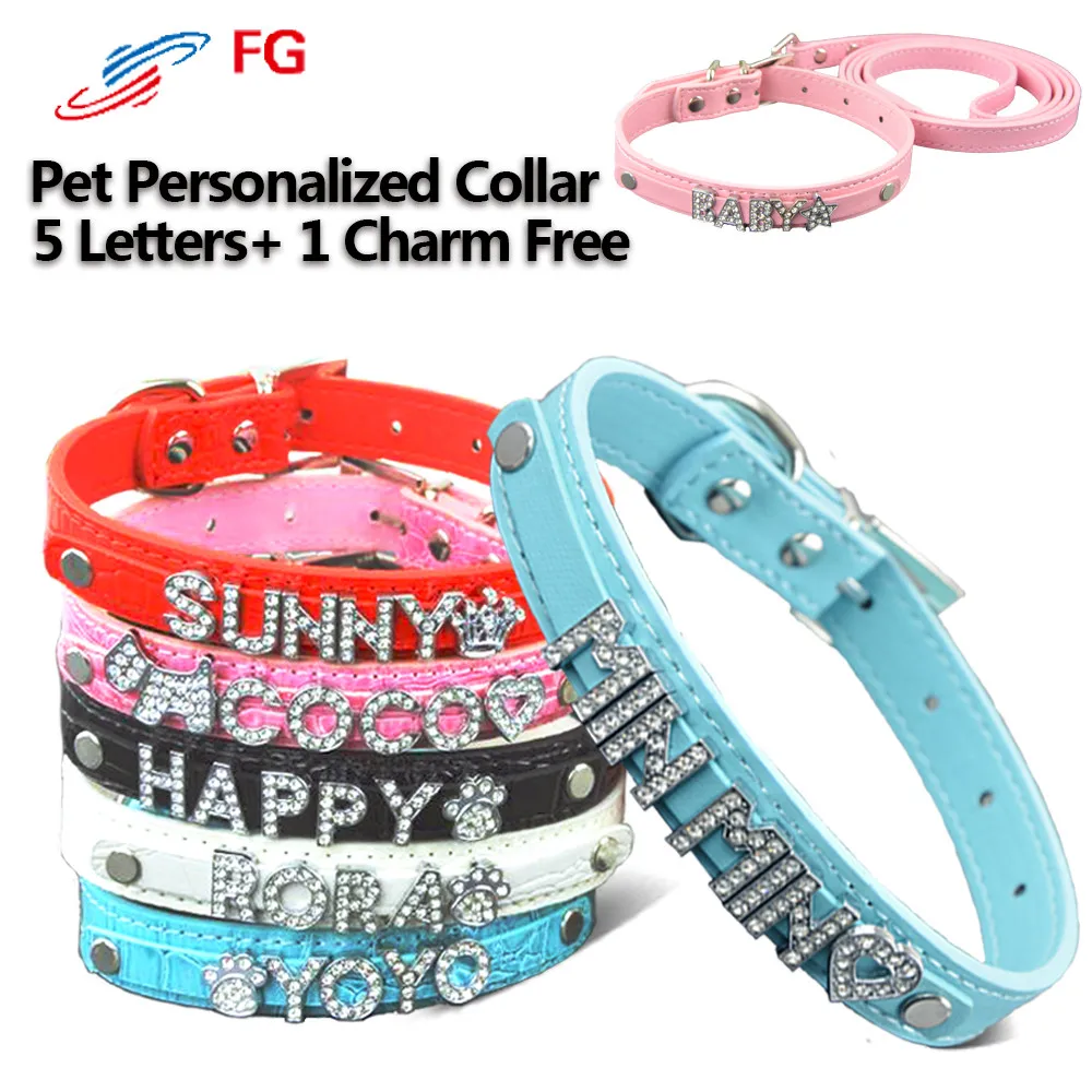 Bling Personalized Pet Dog Collar DIY Name Dog Collar and Leash Set with Letters and Charms Free