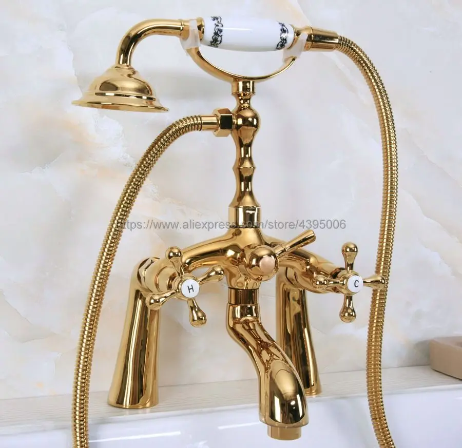 

Polished Golden Brass Deck Mounted Telephone Style Bath Tub Faucet Mixer Tap With Handheld Spray Shower Bna144