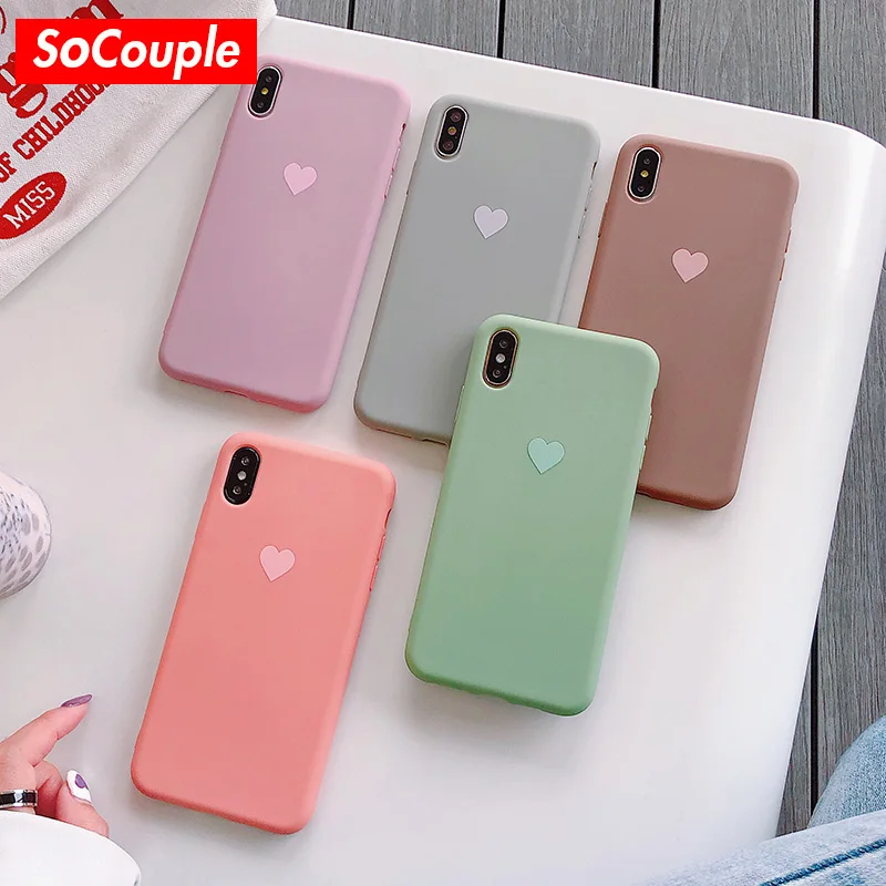 

SoCouple Love Heart Cover For iPhone 7 Case Solid Color Soft TPU Cases For iphone 6 6s 7 8 plus X Xs max XR 11 Pro Max Case