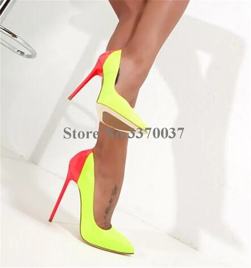 Women Sexy Fashion Pointed Toe Patchwork Colors Stiletto Heel Pumps Yellow Pink Slip-on Super High Heels Dress Club Shoes