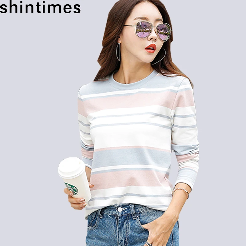 

shintimes New 2019 Autumn White Striped Female T-Shirt Long Sleeve T Shirt Women Clothes Casual Cotton Fashion Tee Shirt Femme