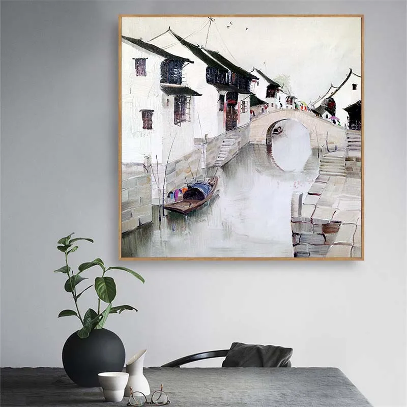 

Retro Landscape Oil Painting Print on Canvas Ancient Town Building Scenery Wall Art Canvas Printing Decorative Picture for Home
