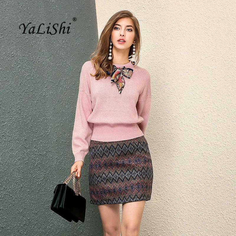 

2 Piece Set Women Suit 2019 Winter Pink Batwing Sleeve Knit Sweaters Blouse Tops and Printing Skirts Crop Top and Skirt Vestidos