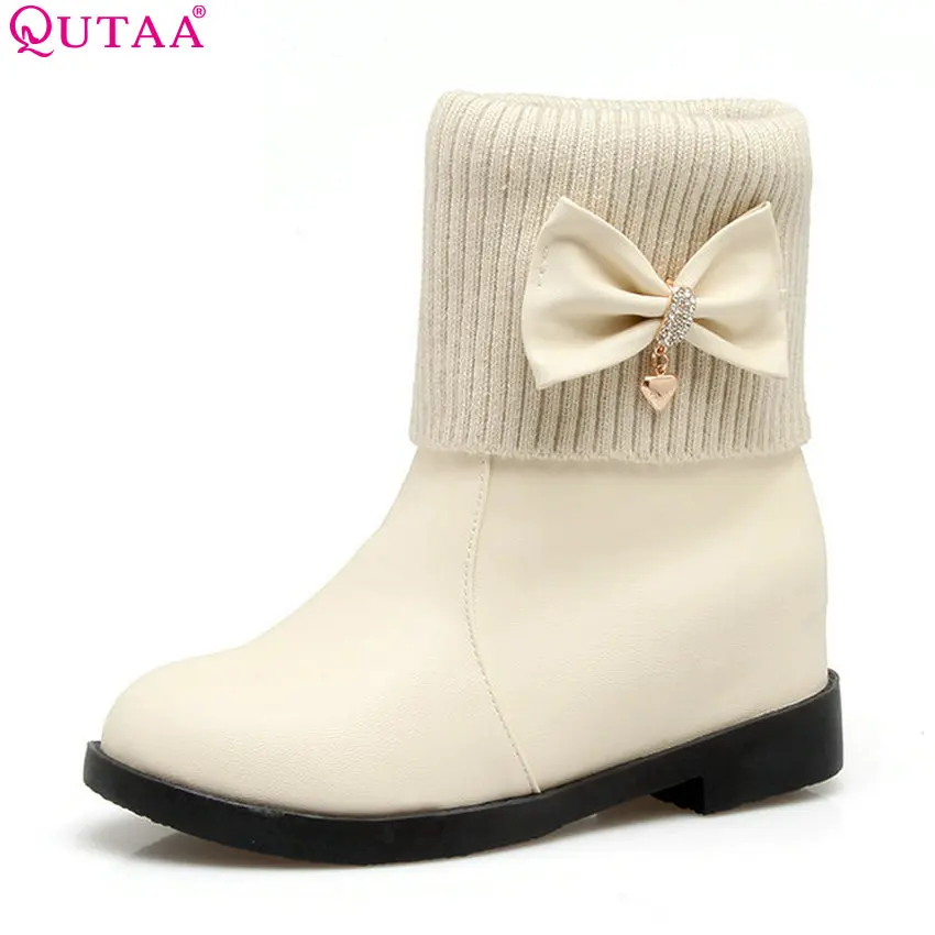 

QUTAA 2018 Women Ankle Boots Bow Tie Fashion Solid Wedges Heel Round Toe Spring/autumn Pu Leather Women Boots Size 34-43