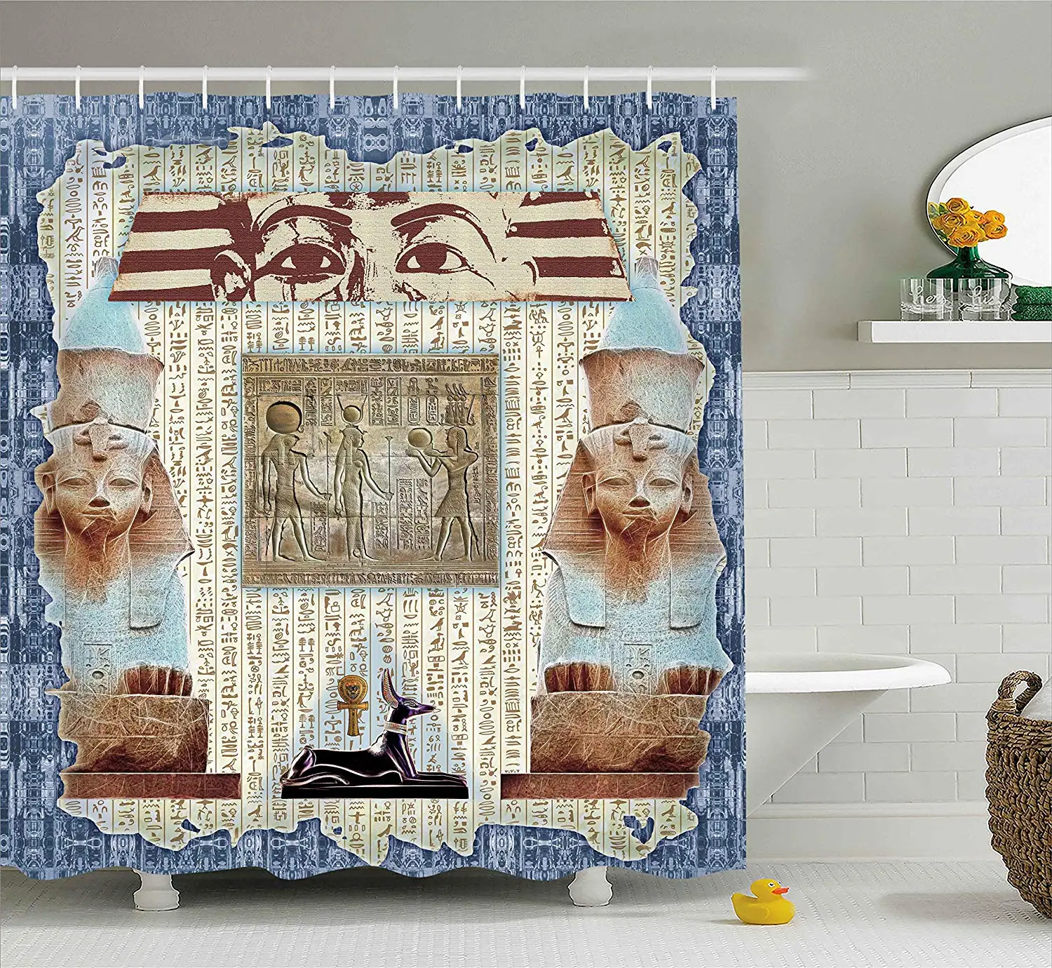 Egypt Decor Shower Curtain Traditional Hieroglyph Backdrop with Mummy Pyramids and Bastet