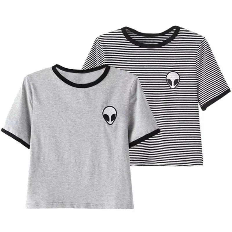 Женская футболка, модный короткий топ с 3d принтом пришельцев, Короткие футболки с коротким рукавом для подростков, топы, летние футболки с круглым вырезом для девочек