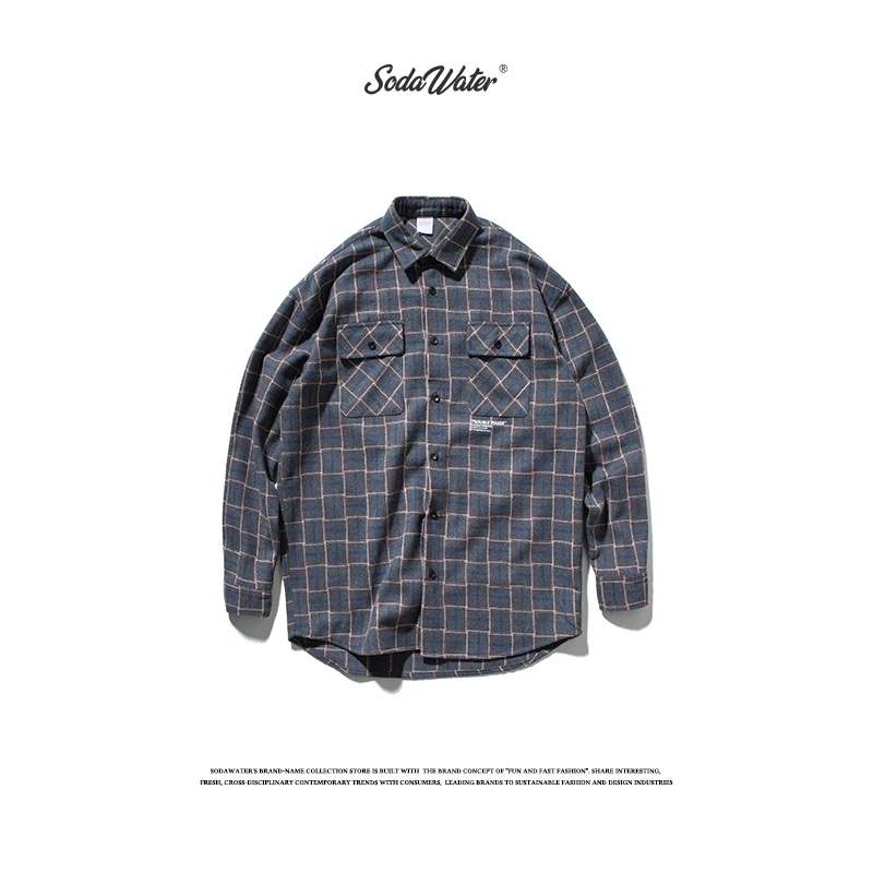 SODA WATER Men Casual Plaid Shirts Harajuku Autumn Letter Print Long Sleeve Shirt For Men Retro Loose Front Pocket Shirts 92107W