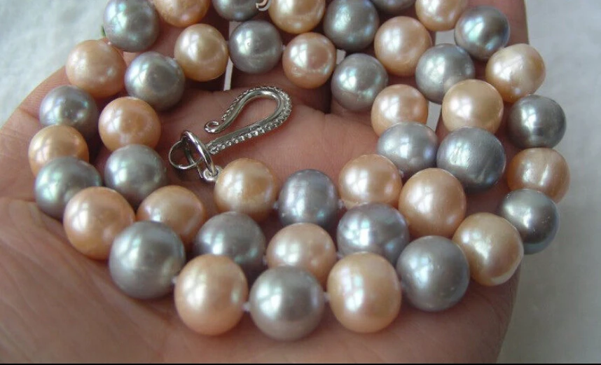 

shipping GENUINE 17" big 11mm round pink gray freshwater cultured pearls necklace n405