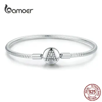 

BAMOER Silver Snake Bracelet 925 Sterling Silver Clear CZ Letter A Clip Bracelets 3mm for Luxury Brand DIY Jewelry SCB140