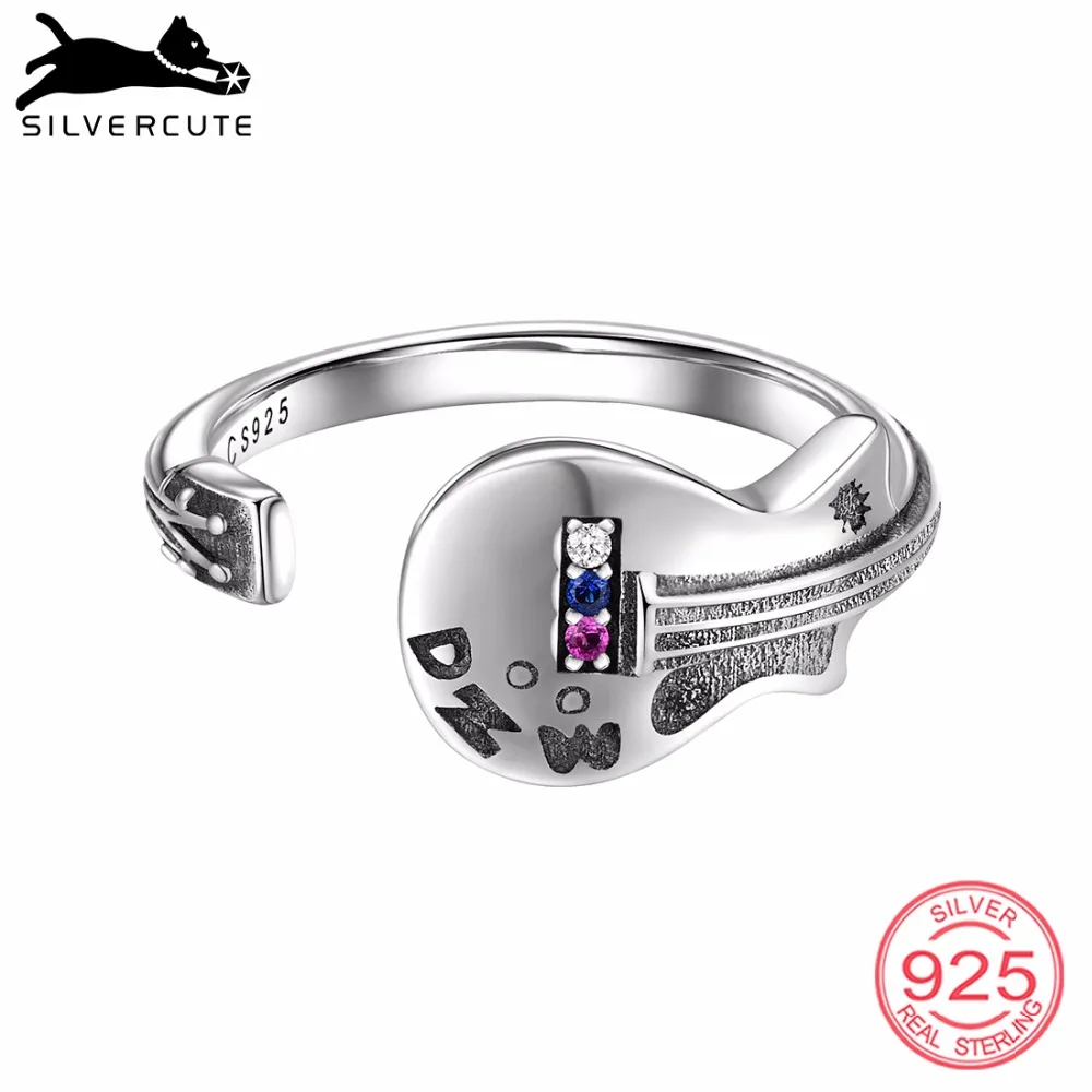 

SILVERCUTE Adjustable Guitar Ring For Women 925 Sterling Silver Open Finger Rings Hip Hop Music Guitarist Fine Jewelry SCR6516G